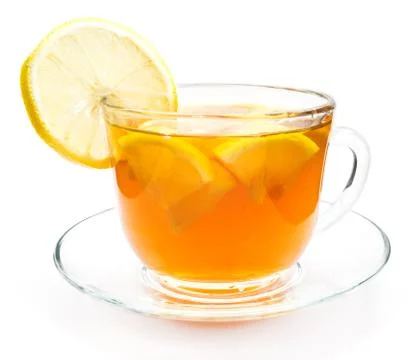 Isolated transparent cup of tea with lemon slice Stock Photos