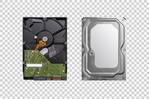 Isolated, transparent front and back view of hard disk drive showing metal .. Stock Photos