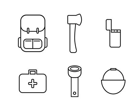 Isolated traveling elements: backpack, lighter, flashlight, axe, boiler and f Stock Illustration