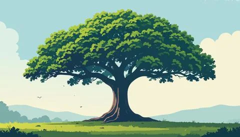 Isolated tree in bright natural landscape with green grass blue sky and dis.. Stock Illustration