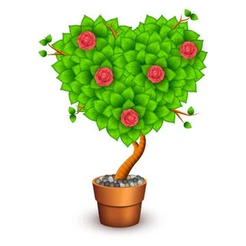 Isolated tree with flowers in clay pot. Form of heart Stock Illustration