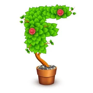 Isolated tree with flowers in clay pot. In the form of letter F Stock Illustration