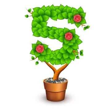 Isolated tree with flowers in clay pot. In the form of number 5 Stock Illustration