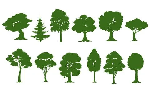 Isolated tree silhouettes, forest and garden trees Stock Illustration
