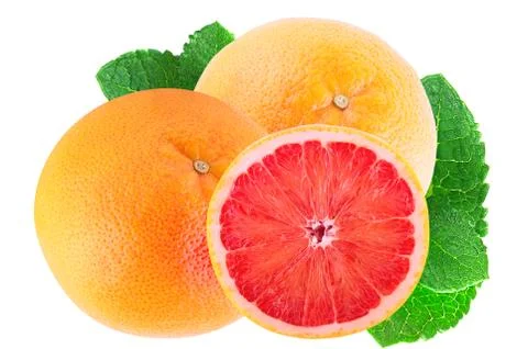 Isolated two grapefruit and half with mint Stock Photos