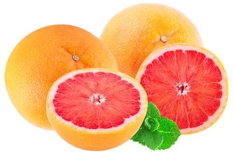 Isolated two grapefruit and two half with mint on white Stock Photos
