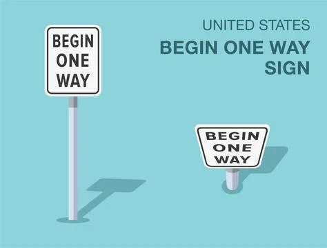 Isolated United States begin one way road sign. Front and top view. Stock Illustration