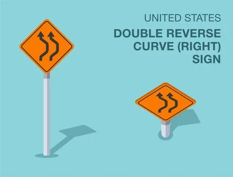Isolated United States "double reverse curve right" road sign. Front, top view. Stock Illustration