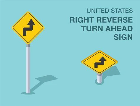 Isolated United States "right reverse turn ahead" sign. Front and top view. Stock Illustration
