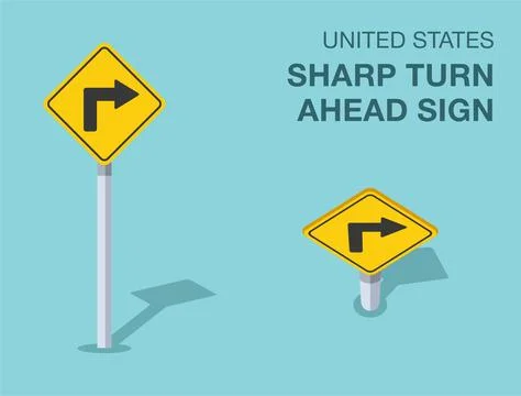 Isolated United States sharp turn ahead sign. Front and top view. Stock Illustration