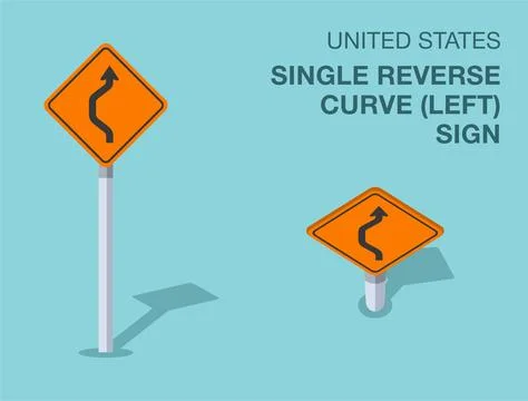 Isolated United States "single reverse curve left" road sign. Front and top view Stock Illustration