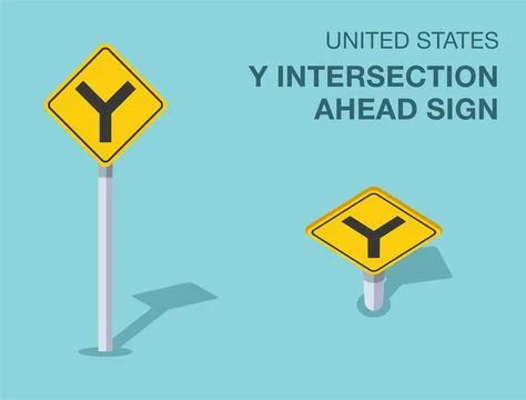 Isolated United States Y intersection ahead sign. Front and top view. Illustrazione stock