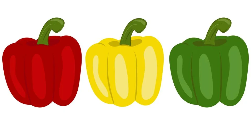 Isolated vector bell pepper set with red, yellow, green peppers on white back Stock Illustration