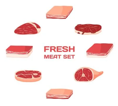Isolated Vector Freash Meat Set. Butcher shop. Stock Illustration
