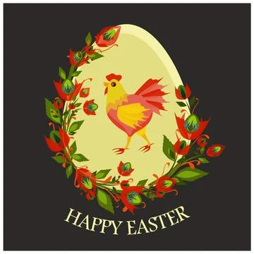 Isolated vector greeting card with cute hen painted on Easter egg Stock Illustration