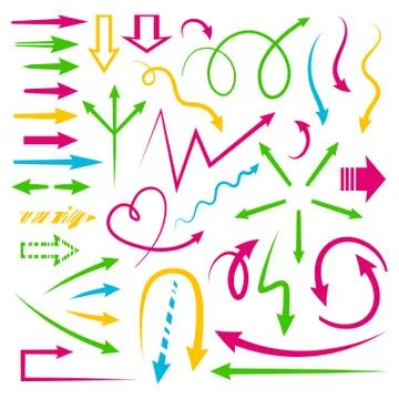 Isolated vector hand drawn arrows set bright color Illustrazione stock