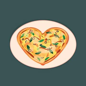 Isolated vector Heart shaped pizza for Valentines day is on the pink plate on Stock Illustration