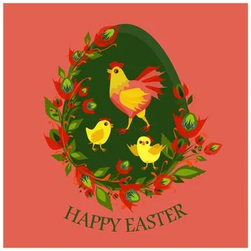 Isolated vector illustration with cute hen and two littlw chickens painted on Illustrazione stock