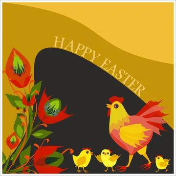 Isolated vector illustration with cute hen and three little chickens 스톡 일러스트