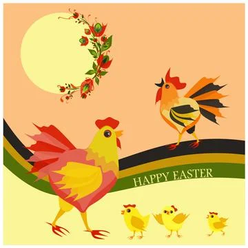 Isolated vector illustration with cute hen, three little chickens and rooster 스톡 일러스트