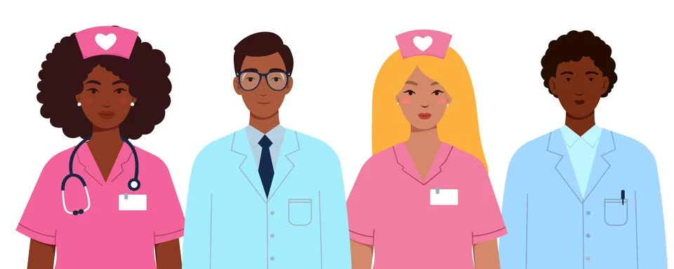 Isolated vector illustration of multicultural doctors and nurses in medical.. Stock Illustration
