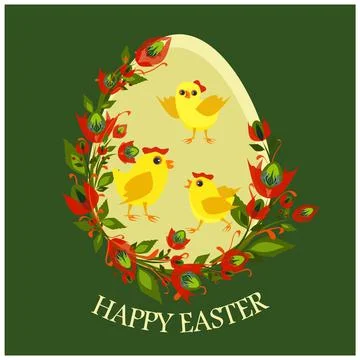 Isolated vector illustration with three little chikens painted on Easter egg Stock Illustration