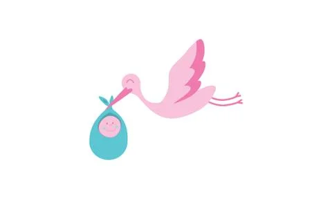 Isolated vector of pink stork or bird carry new born baby in a teal pouch Stock Illustration