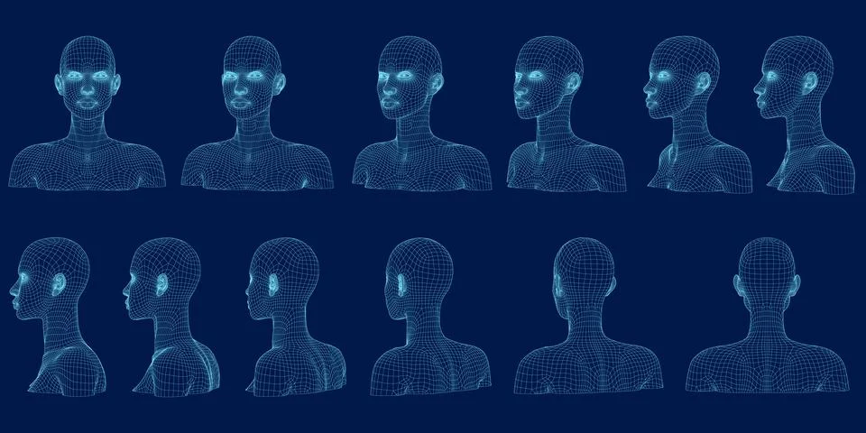 Isolated vector set of blue wireframe faceless mannequin busts and heads. Vector 스톡 일러스트