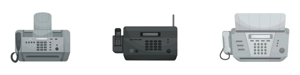 Isolated vector set of three Faxes. Office devices, printers, phones. Stock-Illustration