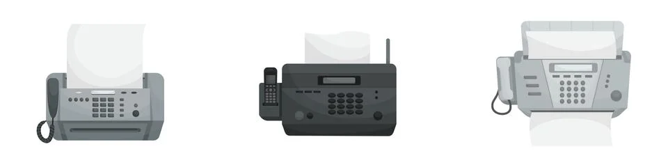Isolated vector set of three Faxes. Office devices, printers, phones. Stock Illustration