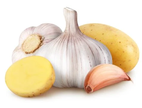 Isolated vegetables. Two garlic with segment and potato with slice isolated on Stock Photos