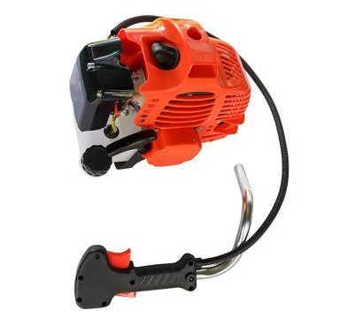 Isolated view of an orange two stroke gasoline engine motor and throttle co.. Fotos de archivo