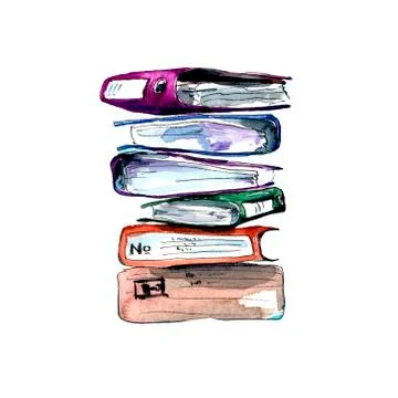 Isolated watercolor illustration-a stack of multicolored paper office folders Stock Illustration