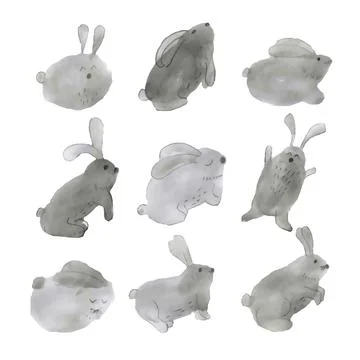 Isolated watercolor set of Easter gray bunnies. Easter holiday. Stock Illustration