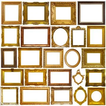 Isolated on white art empty frames in golden and silvery color Stock Photos