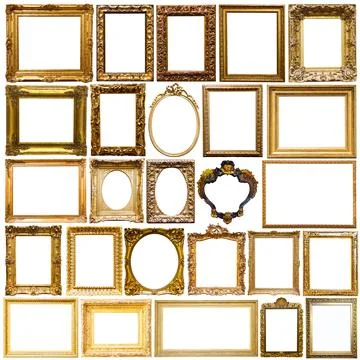 Isolated on white art empty frames in golden and silvery color Stock Photos