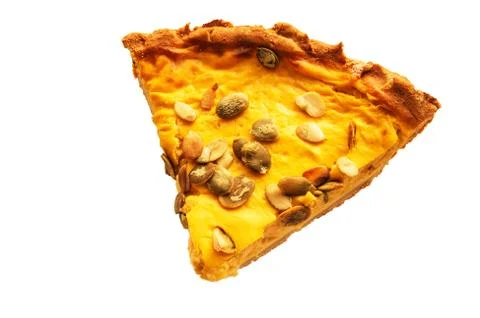 Isolated on white background appetizing piece of pumpkin pie with pumpkin see Foto stock
