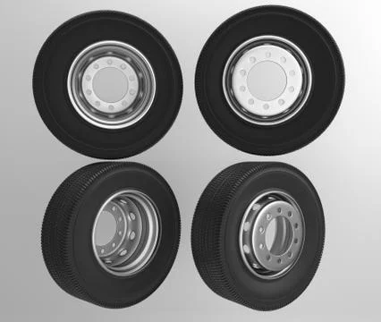 Isolated on white background new front rear truck wheels with black shine tires Stock Photos