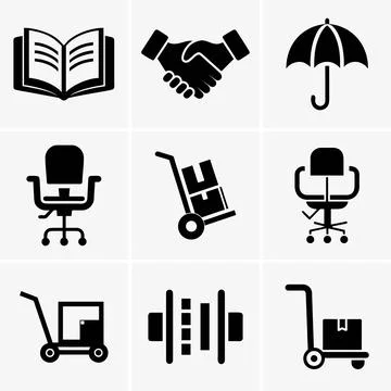 Isolated on a white background, nine black office vector icons present a book Stock Illustration