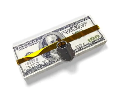 Isolated on a white background pack dollars closed lock, the concept of the safe Stock Illustration