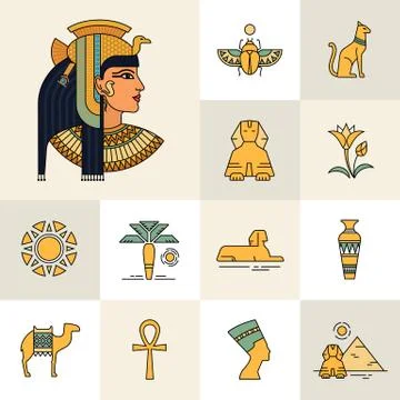 Isolated on white background set of icons and illustrations related to Egypt. Stock Illustration