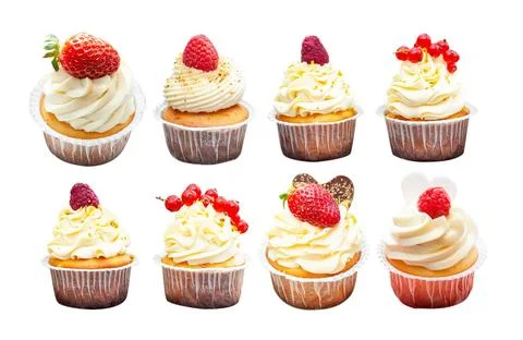 Isolated on white background set of strawberry cupcakes with vanilla cream ch Stock Photos