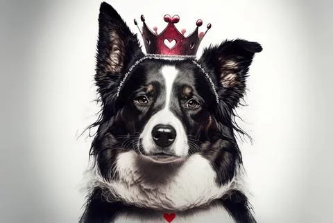 Isolated on white, a cute border collie dog is wearing a heart shaped tiara Stock Illustration