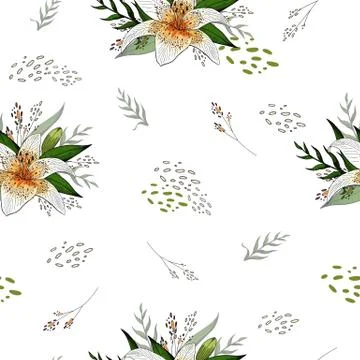 Isolated on white elements and lily bouquets seamless pattern Stock Illustration