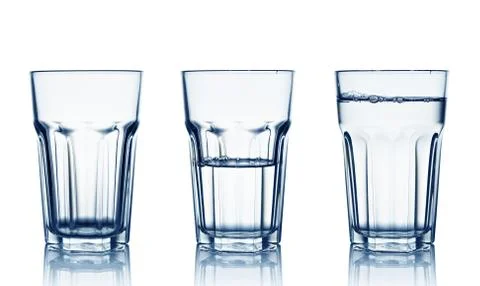 Isolated on white empty, half and full water glasses Stock Photos