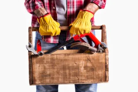 Isolated in white handyman with toolbox Stock Photos