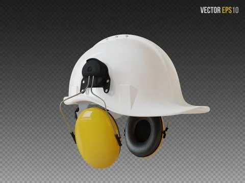 Isolated white hard hat with ear defenders. Realistic 3D Vector Illustration Stock Illustration
