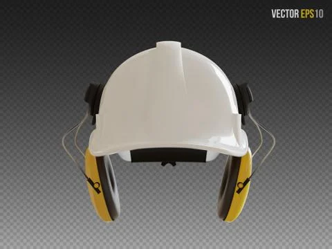 Isolated white hard hat with ear defenders. Realistic 3D Vector Illustration Stock Illustration