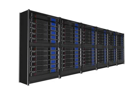 Isolated on white large servers rack 3d render illustration. Illustrazione stock