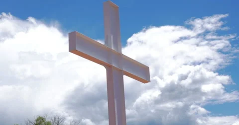 Isolated White Metal Cross with Dramatic Sky Stock Footage 67354915